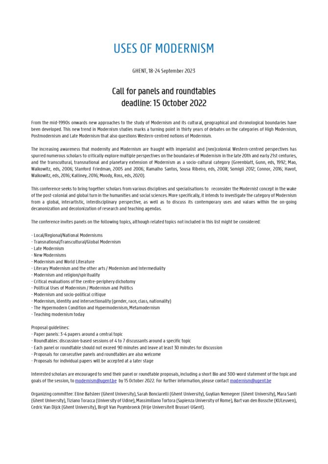 CFP Uses of modernism – Ghent 18-24 settembre 2023